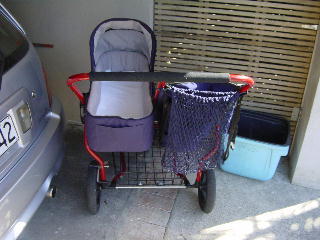 de dubbele buggy met een wiegje voor Kirsten